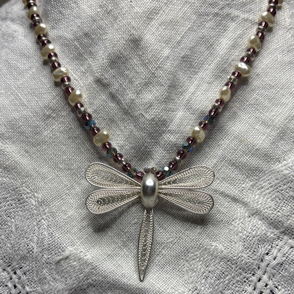 Silver Dragonfly Pendant Necklace with Purple Beads